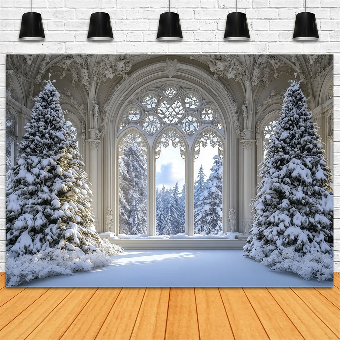 Weihnachtsbaum-Hintergrund Verschneiter Gotischer Fensterwald Weihnachtskulisse RR69-35