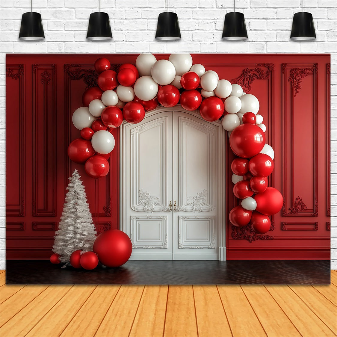 Weihnachtsballonbogen-Hintergrund Rote Wand Weiße Tür Eingang Weihnachtskulissen RR69-36