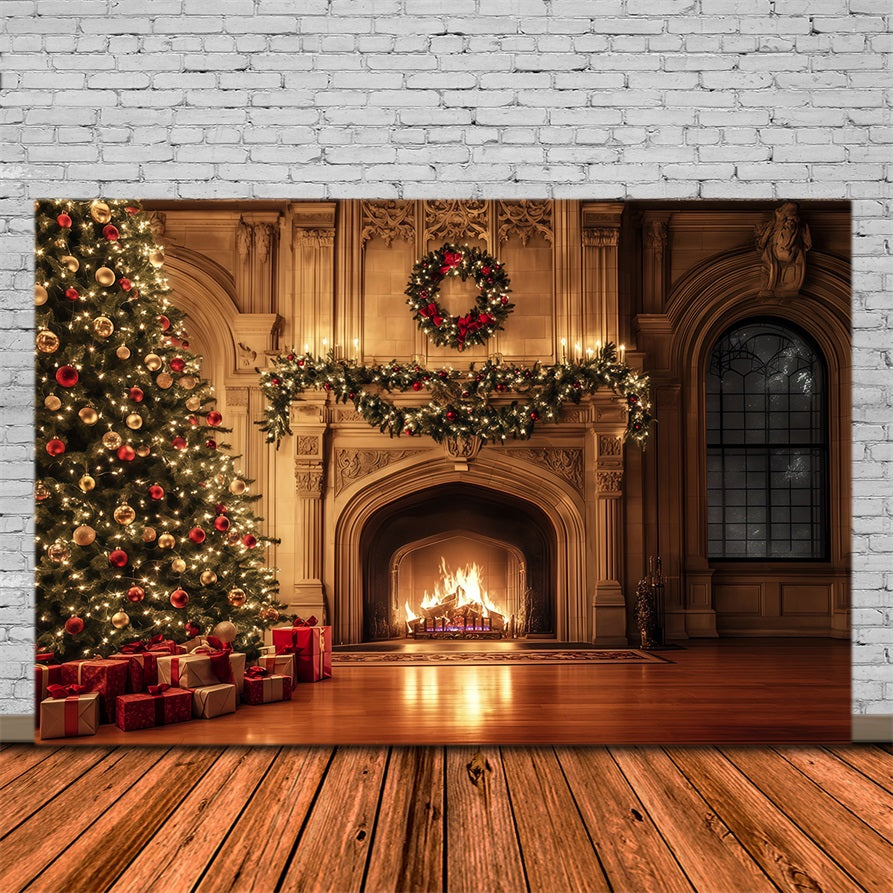 Gemütliche Weihnachtskulisse Luxuriöse Kamingirlande Mit Glanz Weihnachtsfotohintergrund RR69-37