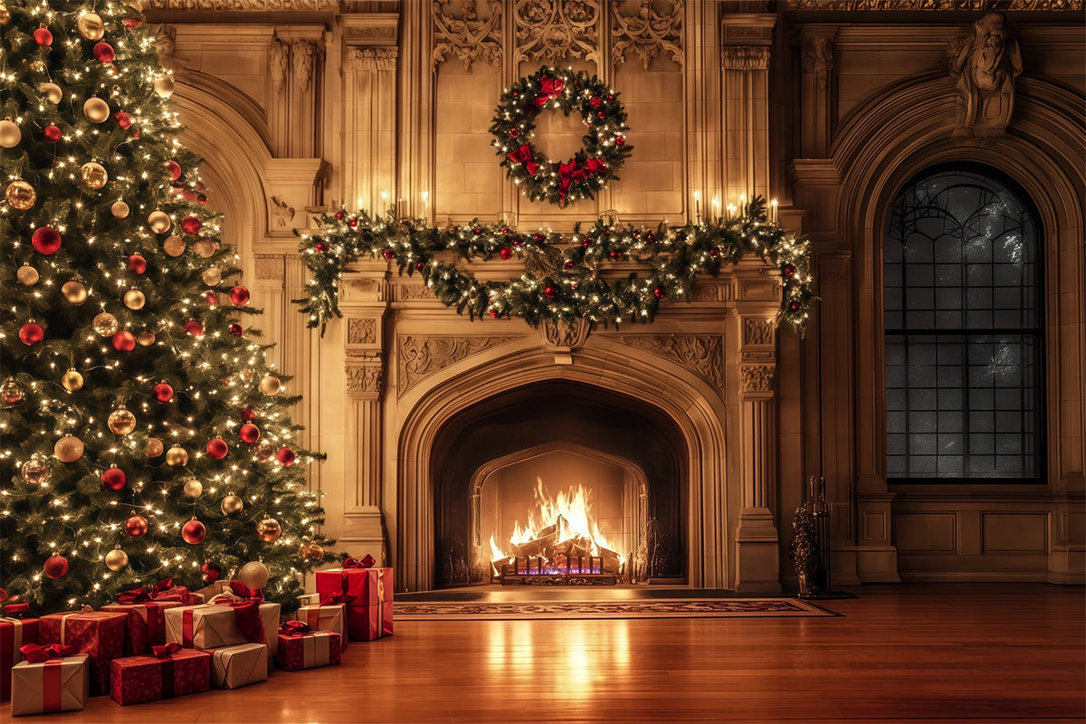 Gemütliche Weihnachtskulisse Luxuriöse Kamingirlande Mit Glanz Weihnachtsfotohintergrund RR69-37