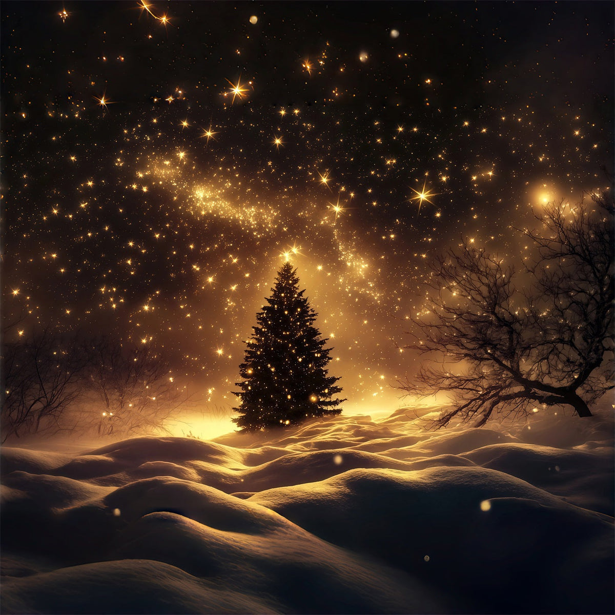 Weihnachtsschnee-Hintergrund Goldener Sternenhimmel-Schneefeldbaum Weihnachts-Fotohintergründe RR69-38
