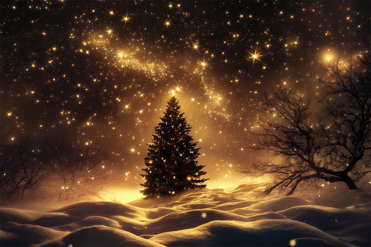 Weihnachtsschnee-Hintergrund Goldener Sternenhimmel-Schneefeldbaum Weihnachts-Fotohintergründe RR69-38