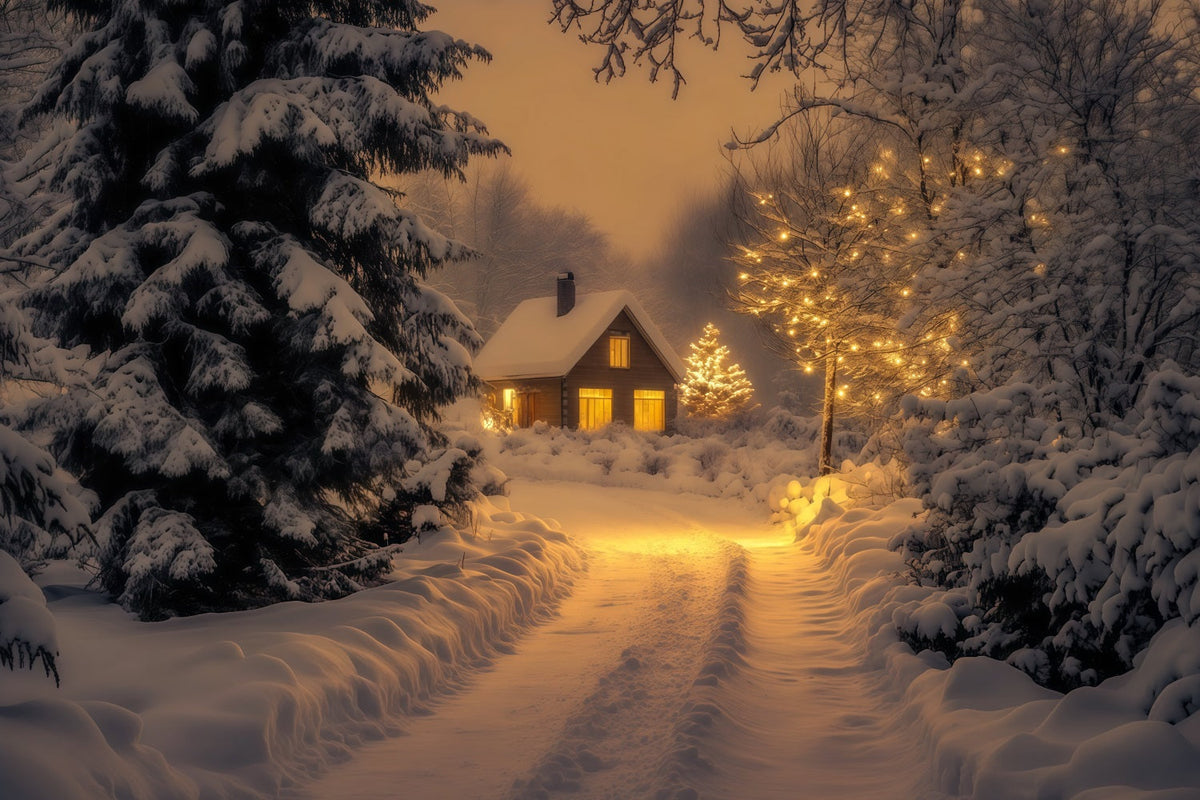 Winterliche Weihnachtskulisse Weg Zur Hütte Im Verschneiten Wald Weihnachtsfotohintergrund RR69-43