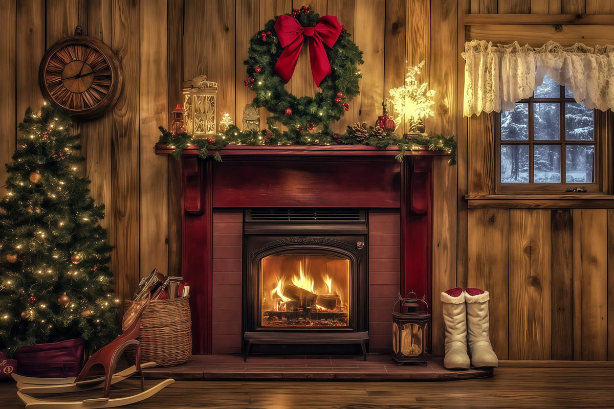 Weihnachtskulisse Aus Holz Rustikaler Roter Kaminsims Große Weihnachtskulissen RR69-44