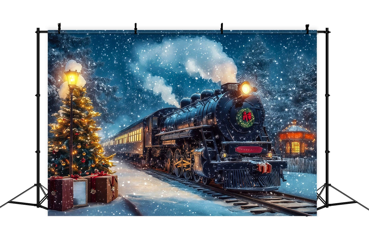 Weihnachtszug-Kulisse Reise Zum Verschneiten Bahnhof Große Weihnachtskulisse RR69-47
