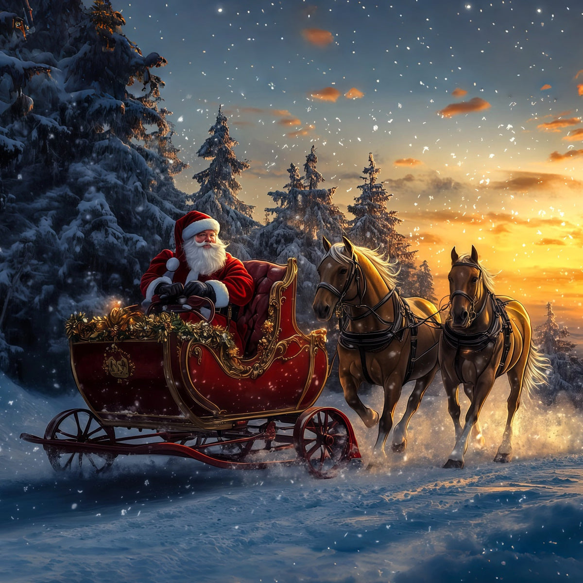 Weihnachtsmann-Hintergrund Weihnachtsmannschlitten Im Schneewald Weihnachtsfotohintergrund RR69-54
