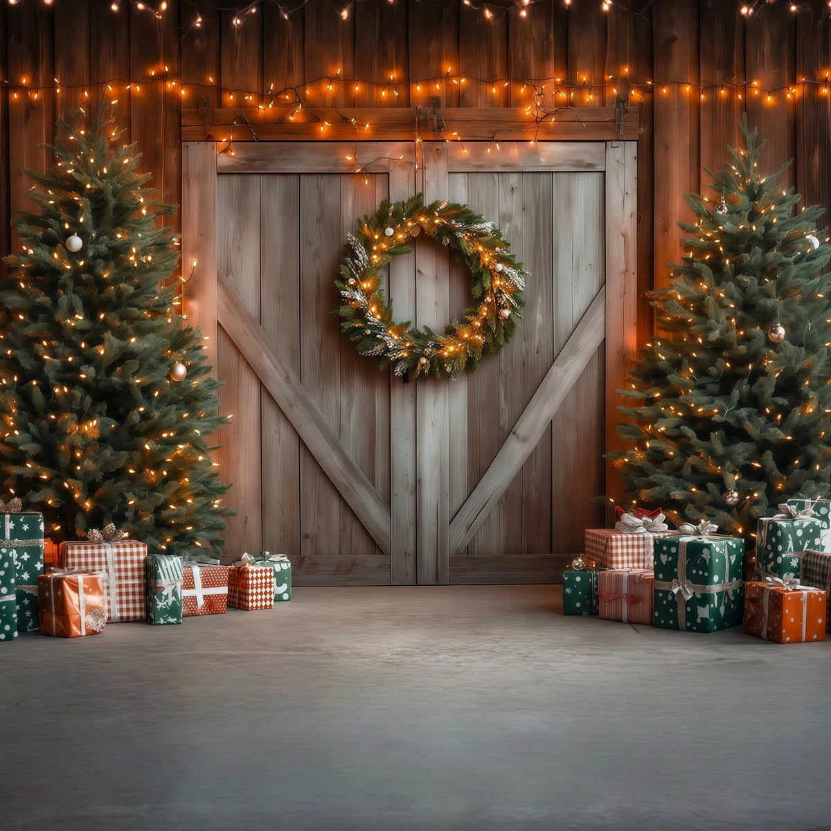 Weihnachts-Scheunentor-Hintergrund Rustikale Scheunentor-Dekoration Weihnachts-Studiohintergründe RR69-59