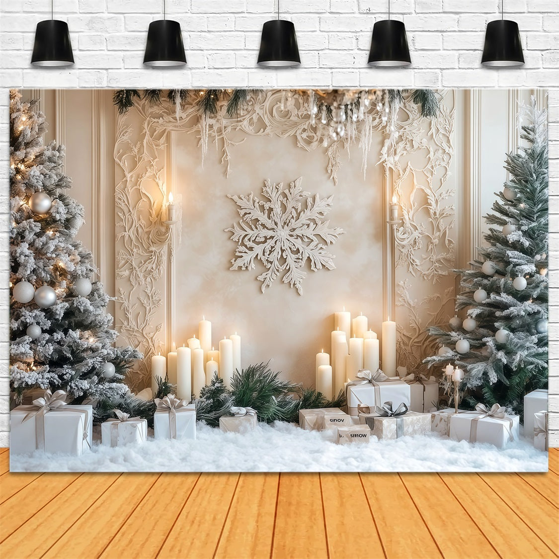 Hintergrund Mit Weißem Weihnachtsbaum Wand Mit Mattiertem Kerzen-Schneeflockenmuster Weihnachtsfotohintergrund RR69-6