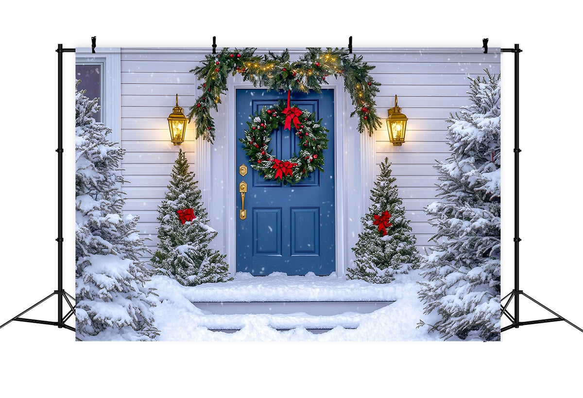 Weihnachtshaus-Kulisse Blauer Türkranz Weihnachtsfotohintergrund RR69-63