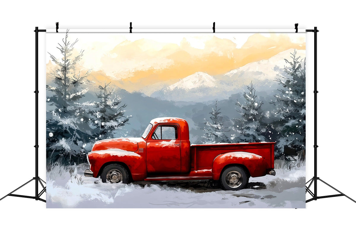 Weihnachtskulisse Mit Rotem Truck Winterlicher Verschneiter Wald Weihnachtswand-Hintergrund RR69-65
