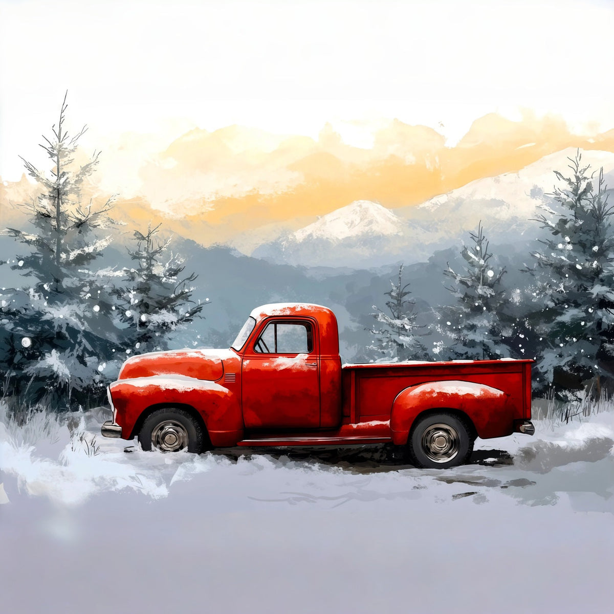 Weihnachtskulisse Mit Rotem Truck Winterlicher Verschneiter Wald Weihnachtswand-Hintergrund RR69-65