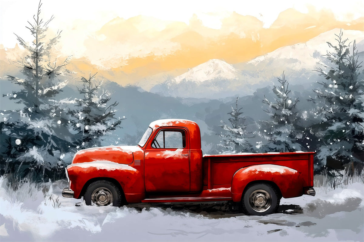 Weihnachtskulisse Mit Rotem Truck Winterlicher Verschneiter Wald Weihnachtswand-Hintergrund RR69-65