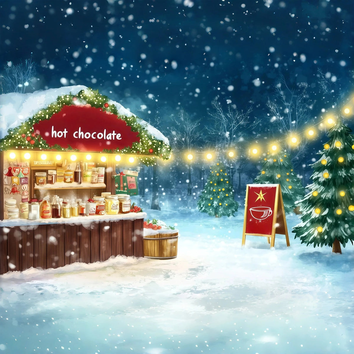 Verschneite Weihnachtskulisse Markt Für Heiße Schokolade Weihnachts-Fotografie-Hintergründe RR69-70