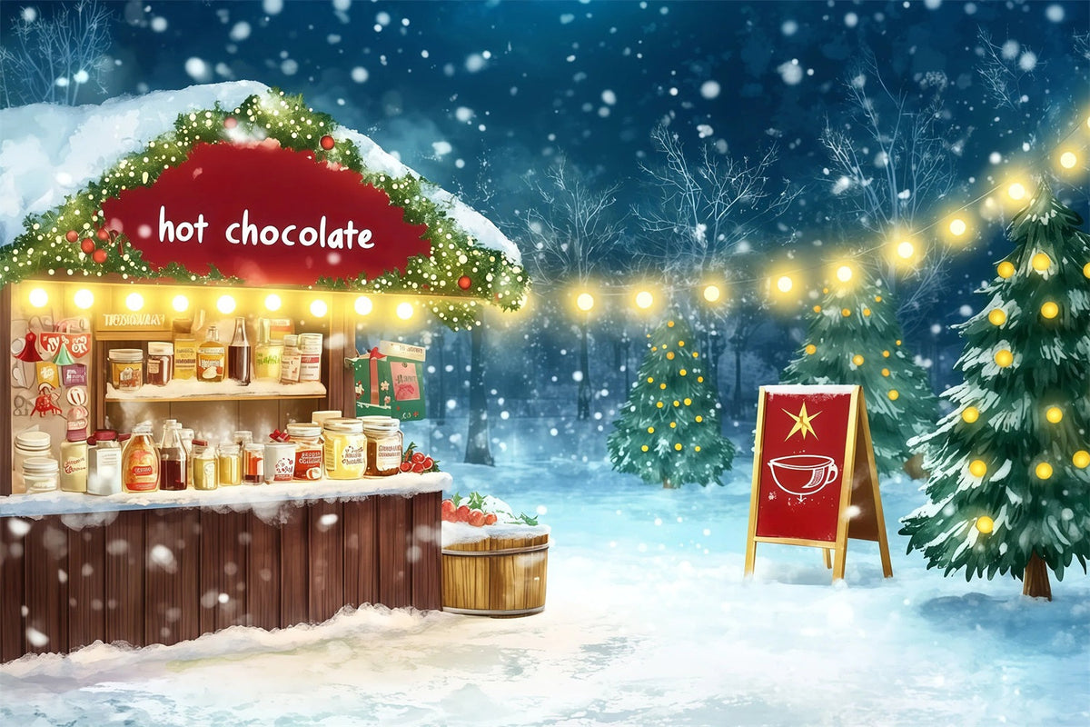 Verschneite Weihnachtskulisse Markt Für Heiße Schokolade Weihnachts-Fotografie-Hintergründe RR69-70