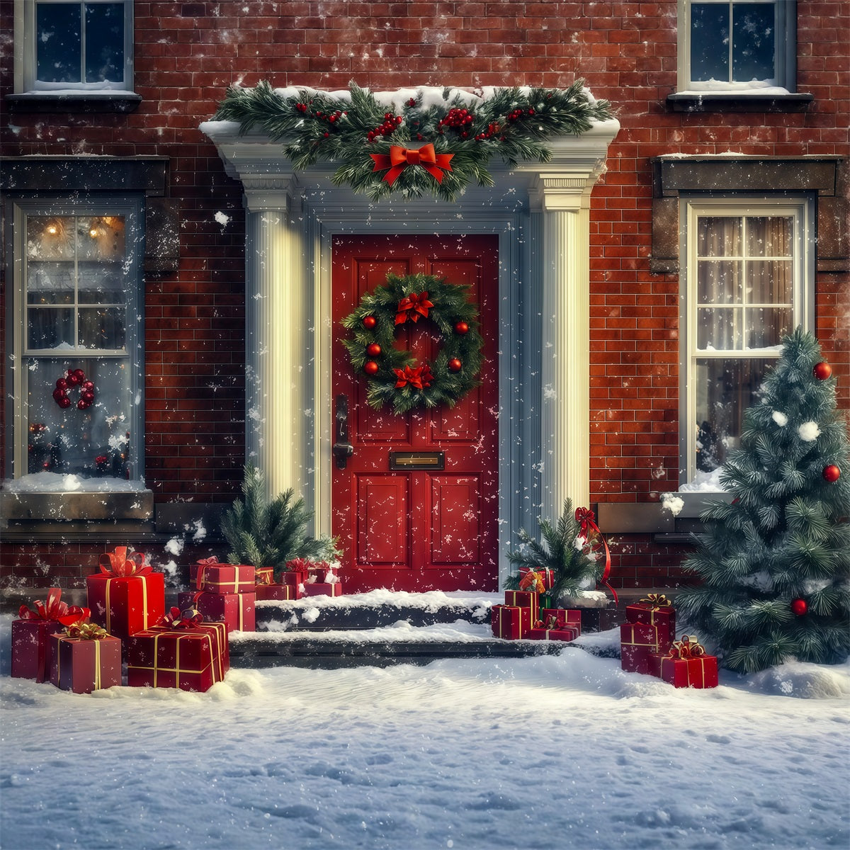 Weihnachtshaus-Kulisse Schneerote Türgeschenke Weihnachts-Fotohintergründe RR69-71