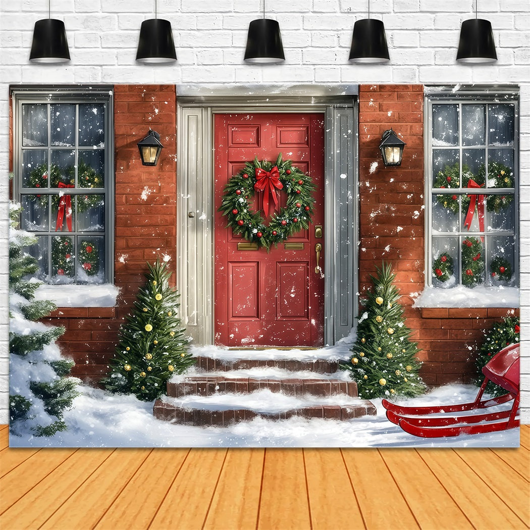 Weihnachtshaus-Kulisse Schneerote Tür Schlitten Weihnachts-Wandhintergründe RR69-72