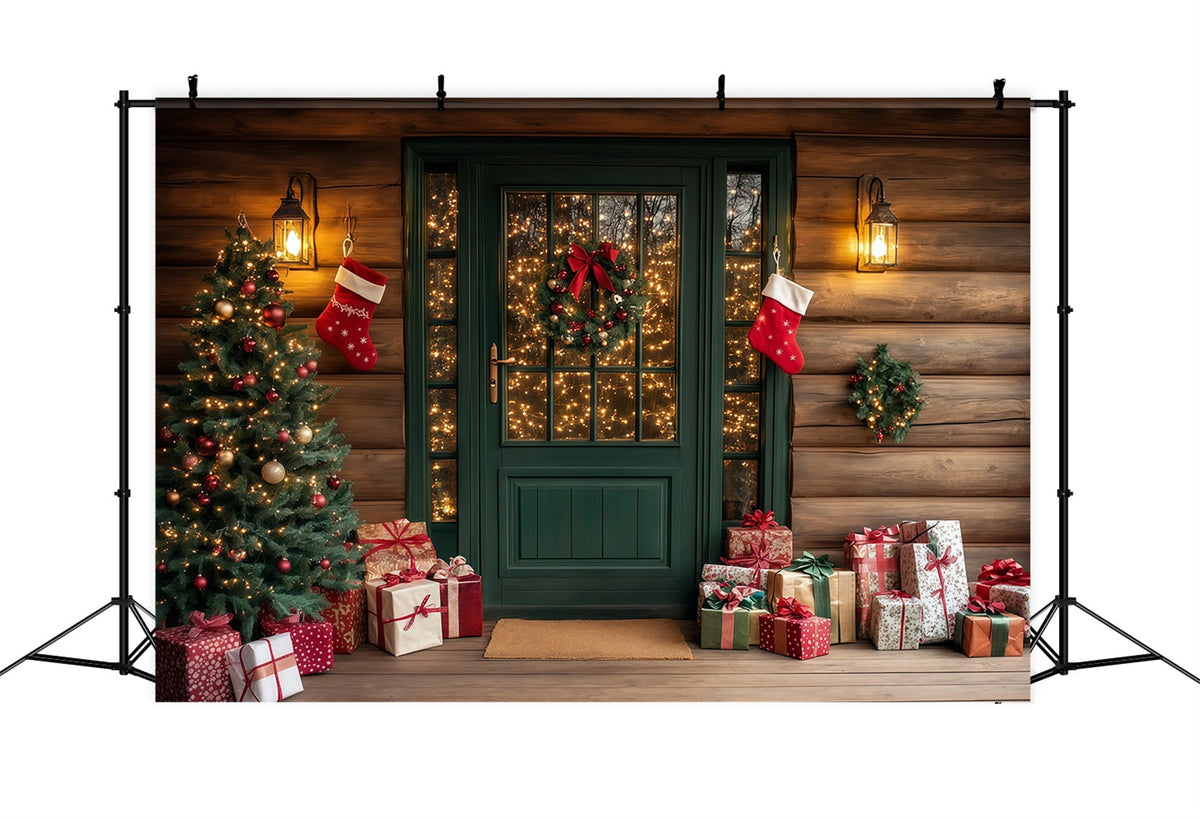 Weihnachtshütten-Kulisse Rustikale Grüne Eingangstür Weihnachtsstudio-Hintergrund RR69-73