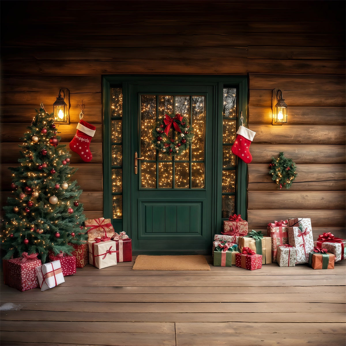 Weihnachtshütten-Kulisse Rustikale Grüne Eingangstür Weihnachtsstudio-Hintergrund RR69-73