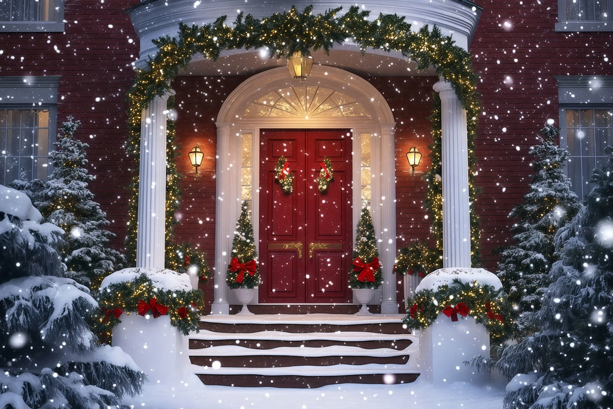 Weihnachtshaus-Kulisse Schneebedeckter Eingangsgirlande Weihnachtsfotohintergrund RR69-74