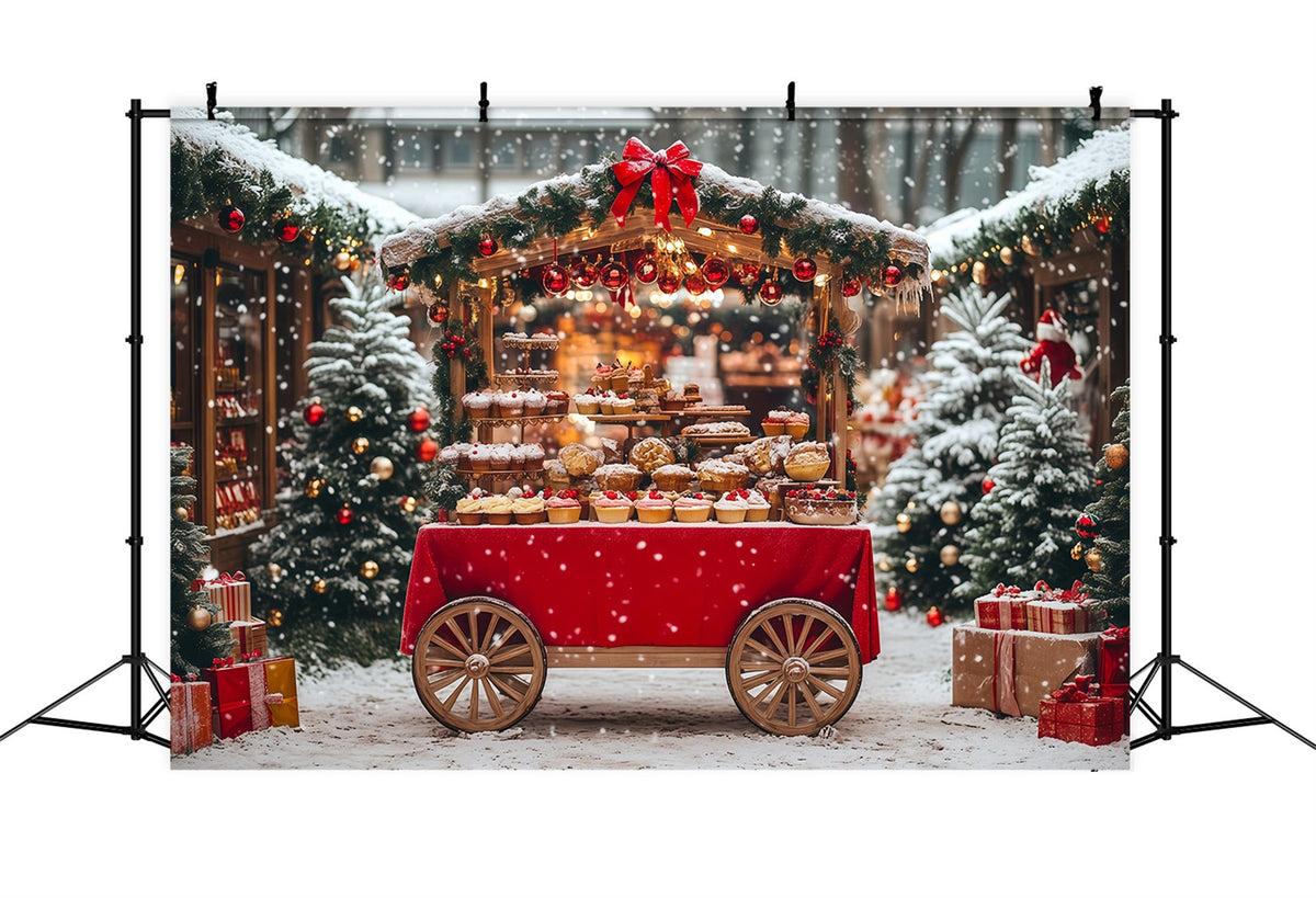 Verschneite Weihnachtskulisse Schneedessert-Wagenmarkt Weihnachtsfotohintergrund RR69-77