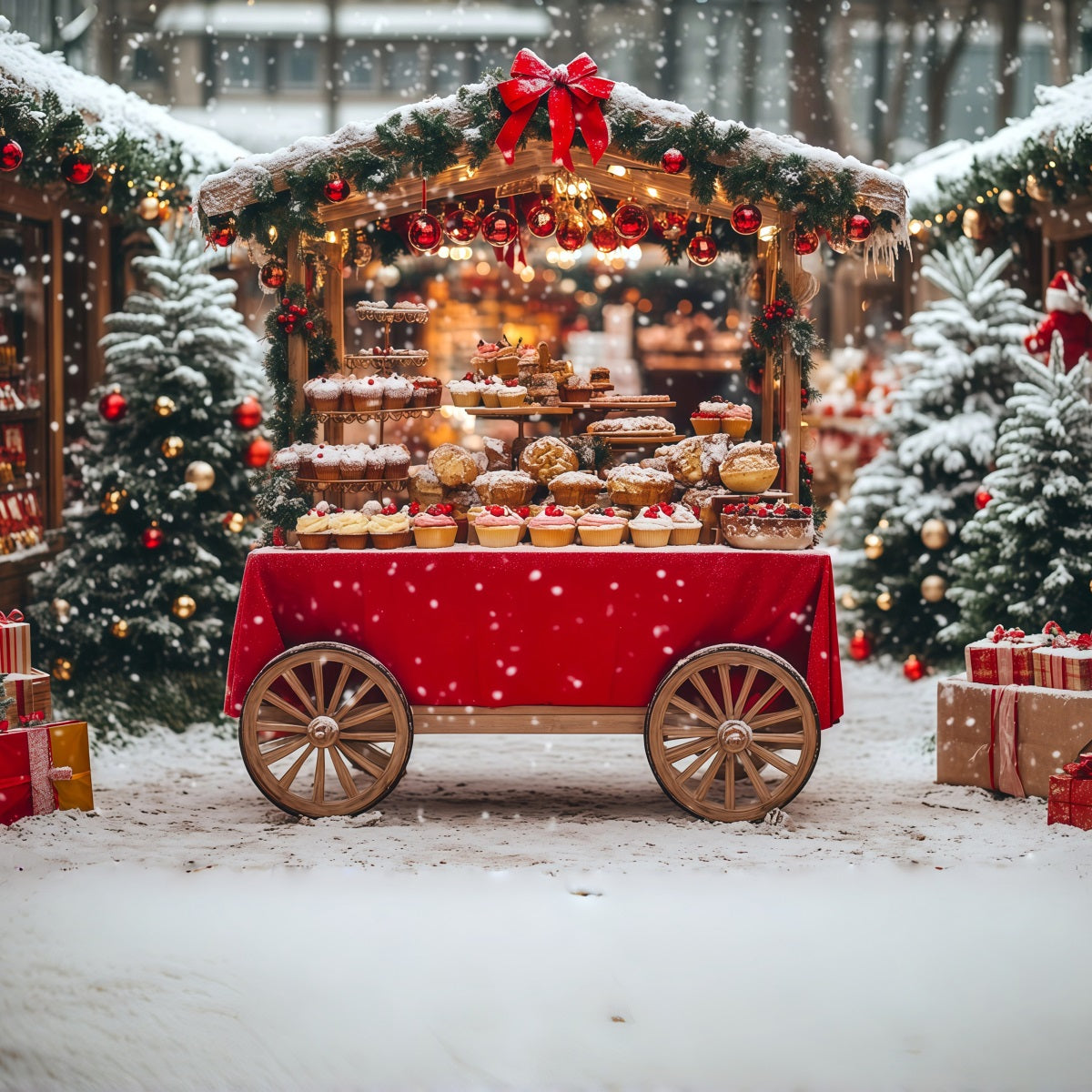Verschneite Weihnachtskulisse Schneedessert-Wagenmarkt Weihnachtsfotohintergrund RR69-77