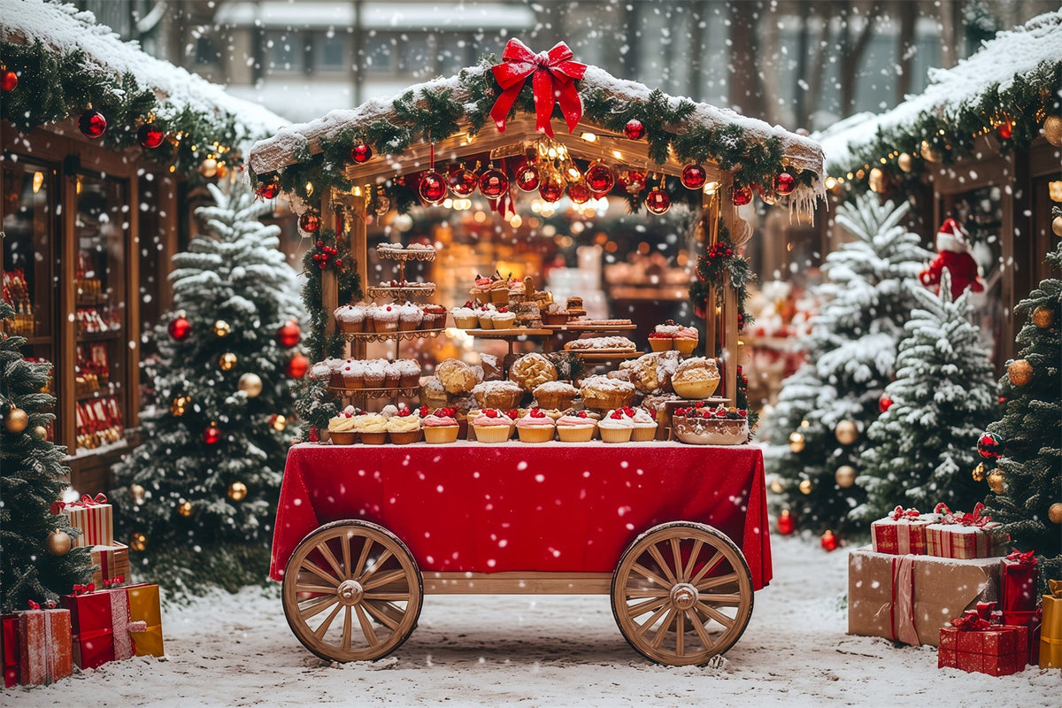 Verschneite Weihnachtskulisse Schneedessert-Wagenmarkt Weihnachtsfotohintergrund RR69-77