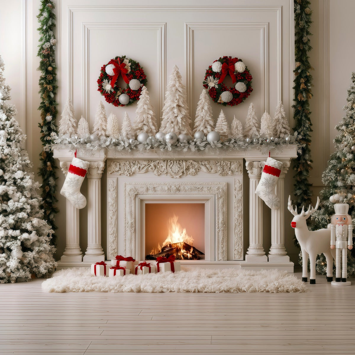 Weihnachtskamin-Hintergrund Schneeweiße Kaminsimsdekoration Studio-Weihnachtskulisse RR69-80