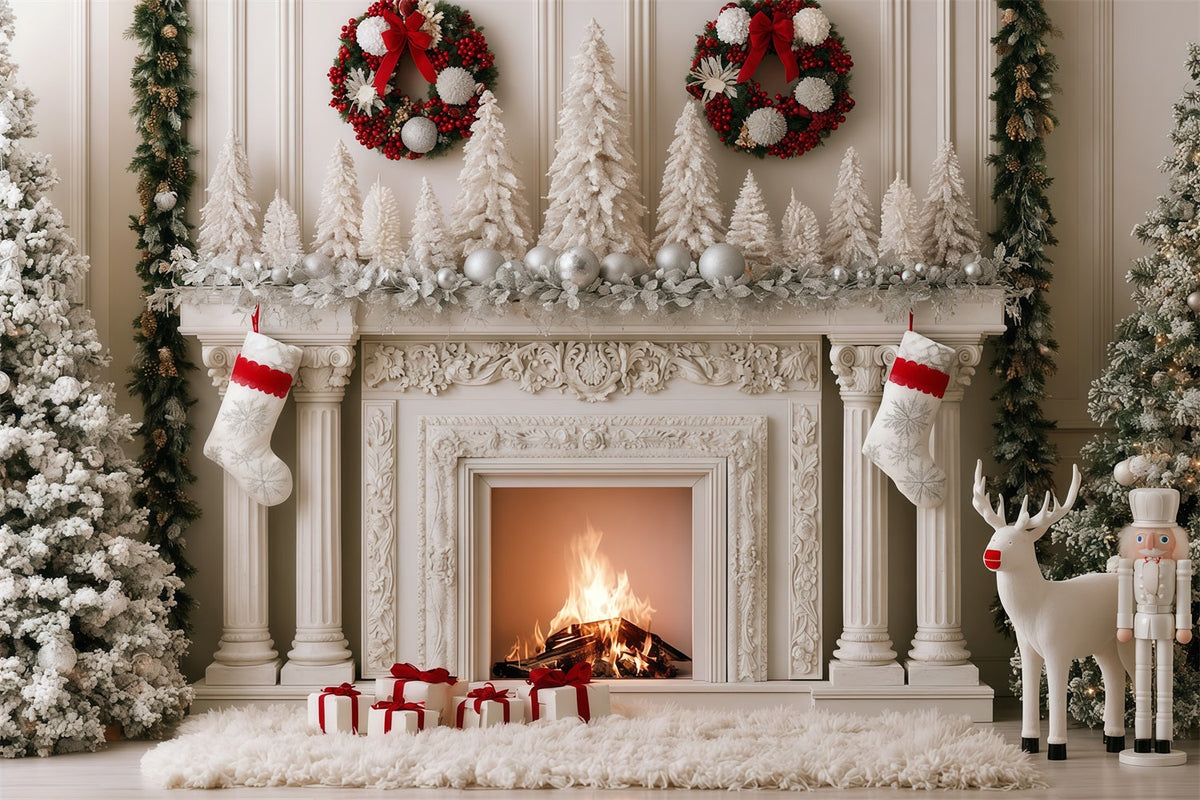 Weihnachtskamin-Hintergrund Schneeweiße Kaminsimsdekoration Studio-Weihnachtskulisse RR69-80