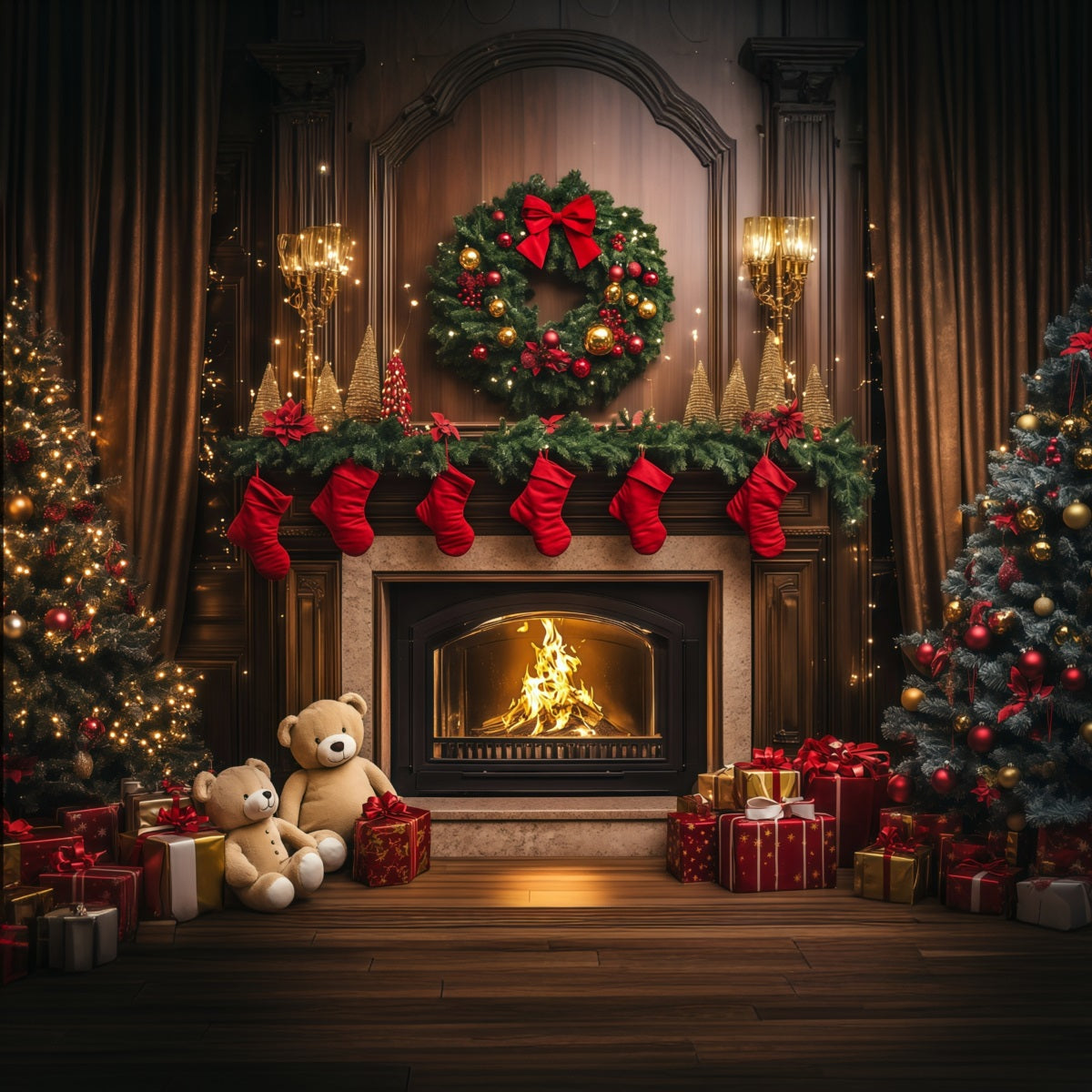 Gemütliche Weihnachtskulisse Vintage Kaminstrumpf Weihnachtshintergründe Für Den Innenbereich RR69-85