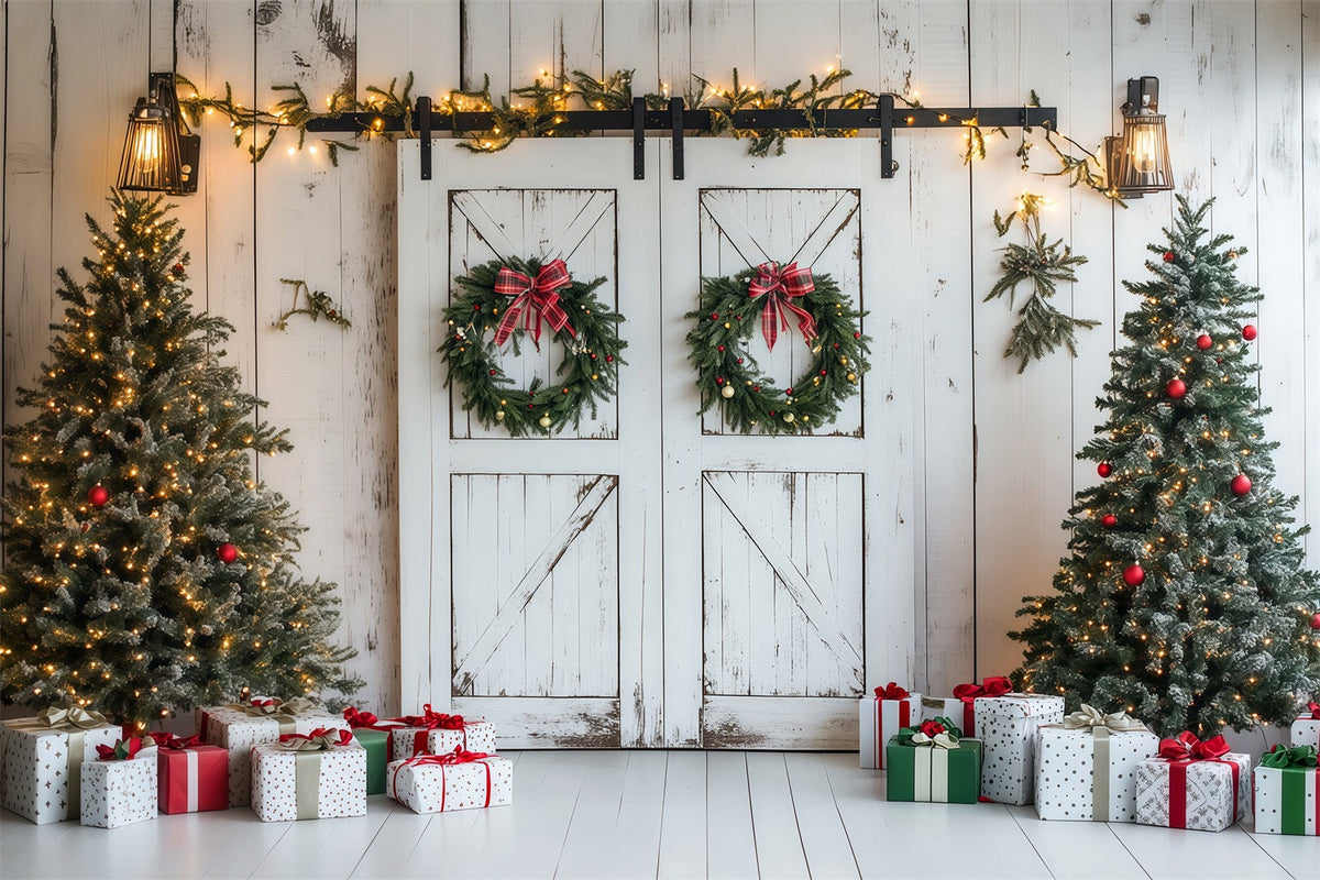 Weihnachts-Scheunentor-Hintergrund Rustikale Weiße Holzwand Weihnachtswand-Hintergrund RR69-87