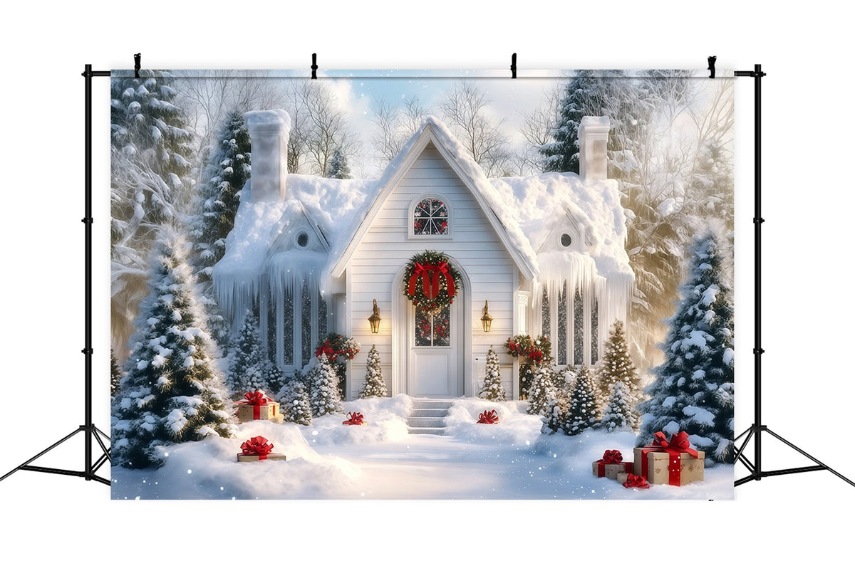 Verschneite Weihnachtskulisse Veranda Eines Winterweißen Ferienhauses Weihnachtshintergrund Aus Musselin RR69-88