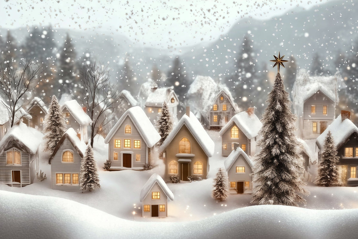 Winterliche Weihnachtskulisse Dorfschneefall-Glühen Musselin-Hintergrund Weihnachten RR69-89