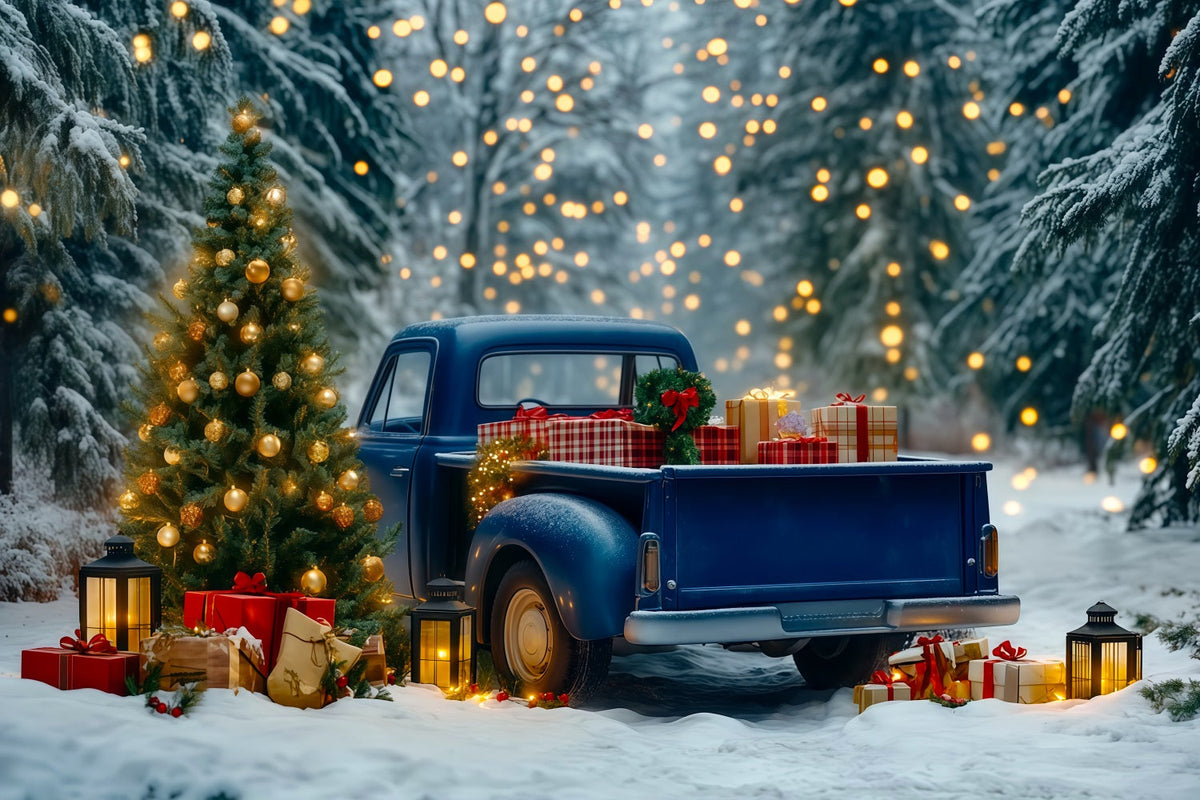 Weihnachtstruck-Hintergrund Blaue Pickup-Waldlichter Weihnachtliche Musselin-Hintergründe RR69-91