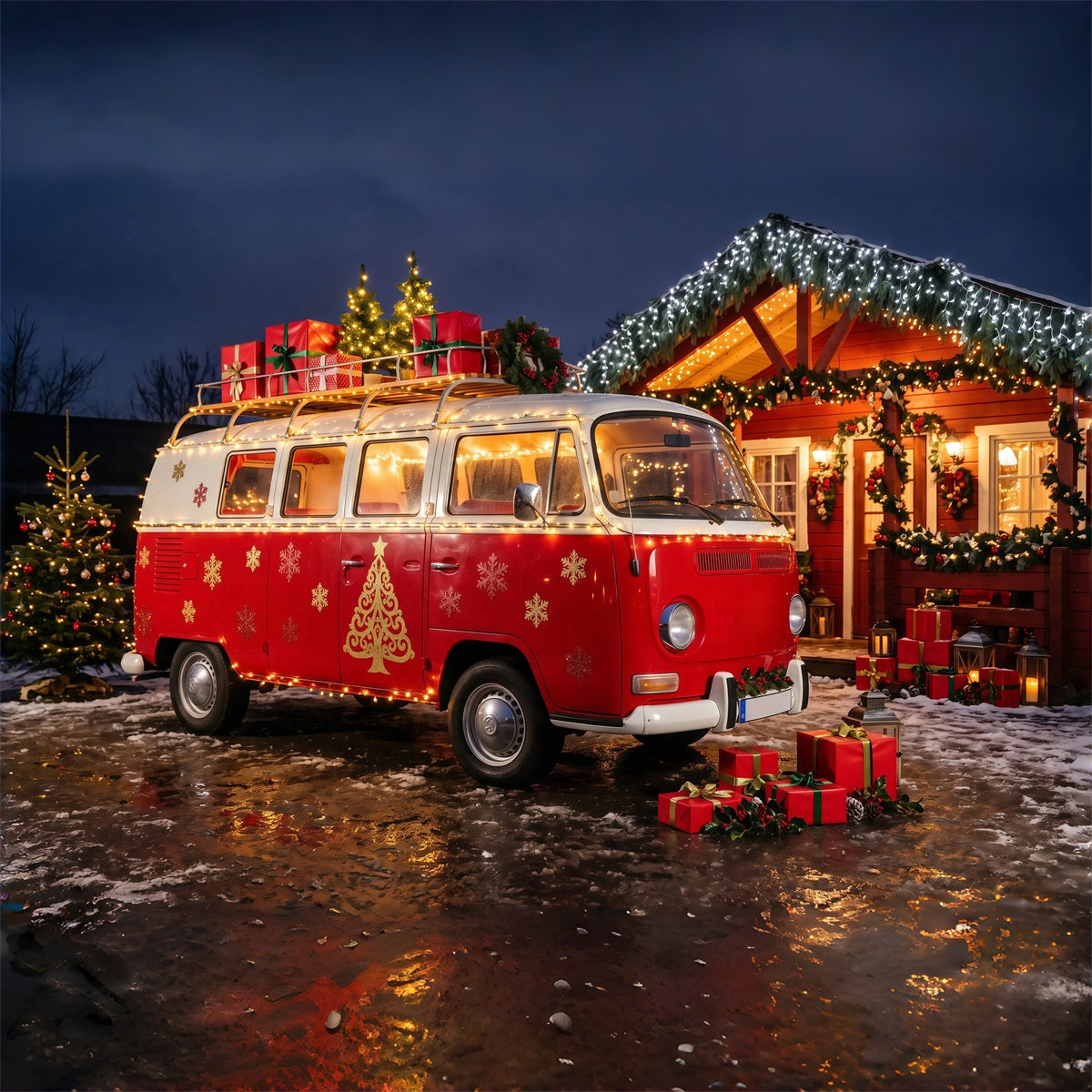 Weihnachtscamper-Fotografie-Hintergrund Gemütliche Hütte Im Roten Van Weihnachts-Fotohintergründe RR69-95