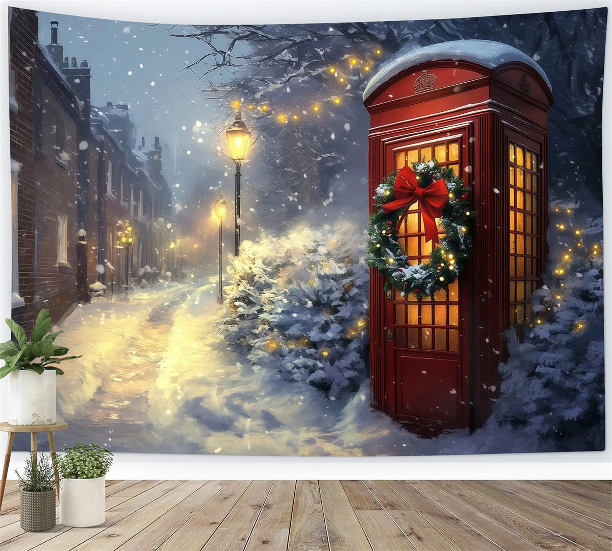 Winterliche Weihnachtskulisse Schneerote Telefonzelle Weihnachtshintergrund RR69-96