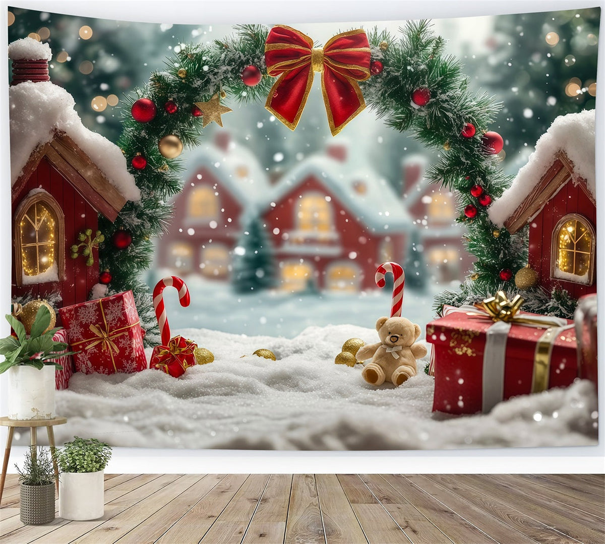 Niedliche Weihnachtskulisse Torbogen Zum Zuckerstangen-Häuschen Weihnachts-Fotografie-Hintergrund RR69-97