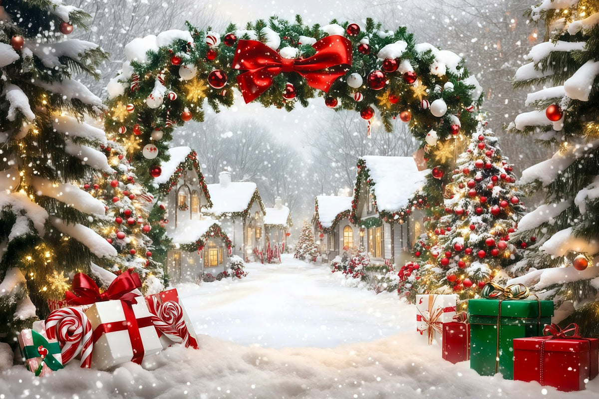 Weihnachtsdorf-Kulisse Schneebedeckter Hausgirlandenbogen Professionelle Weihnachtskulissen RR69-98