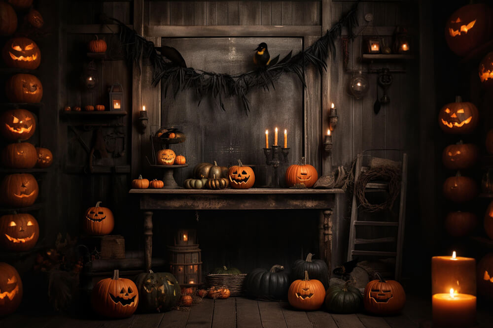 Gruseliges Hexenhaus Kürbisse Halloween Fotokulisse RR7-100