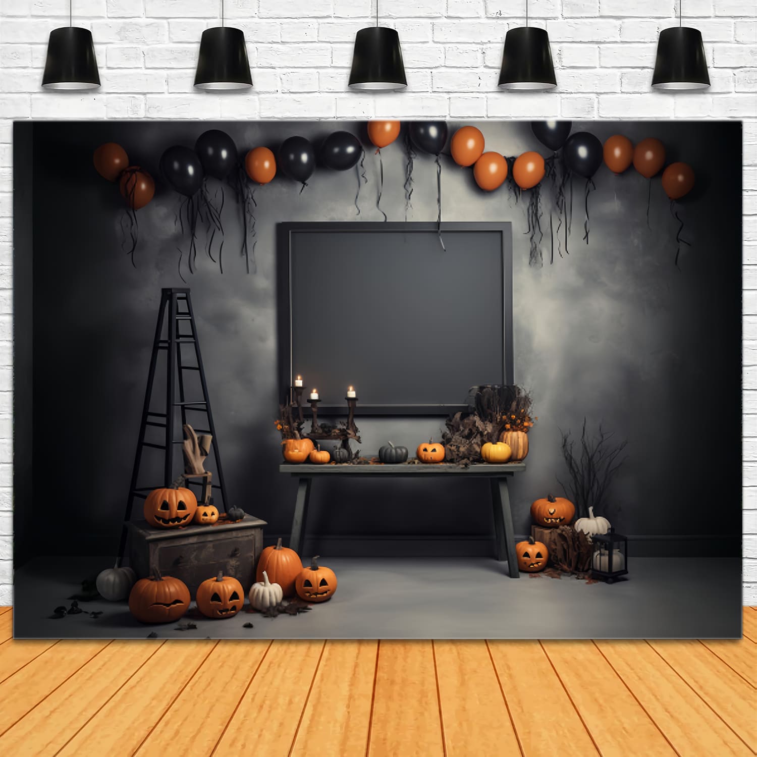 Halloween dekoriertes Zimmer Kürbisse Hintergrund RR7-103