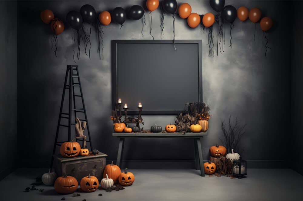 Halloween dekoriertes Zimmer Kürbisse Hintergrund RR7-103