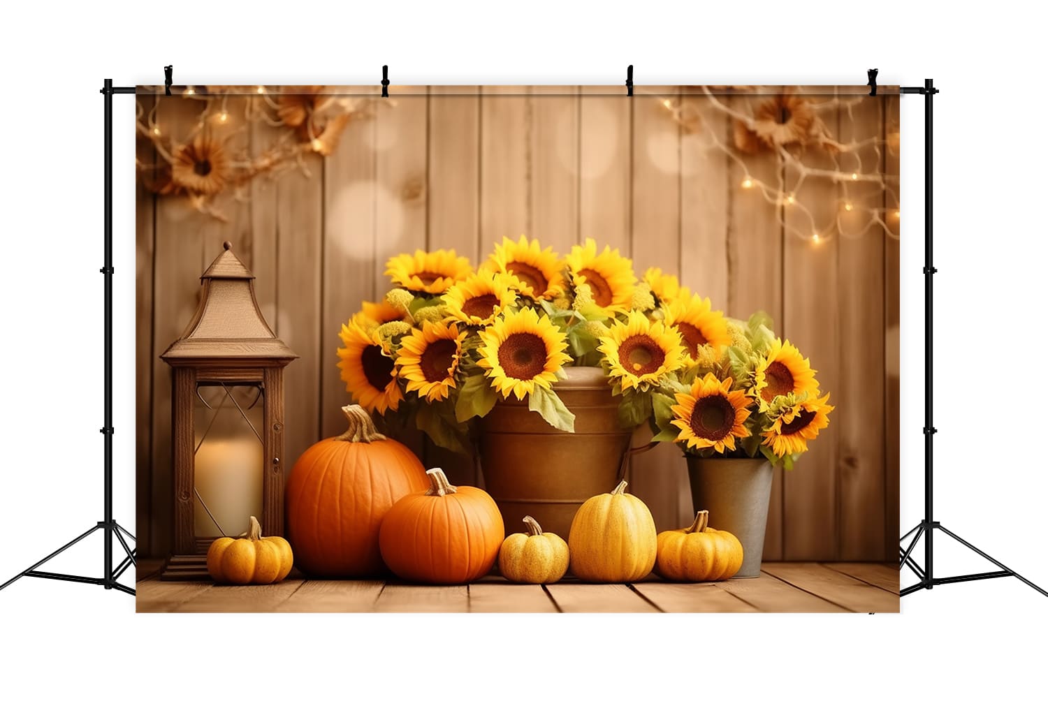 Herbstkürbisse Sonnenblumen Holz Hintergrund RR7-137