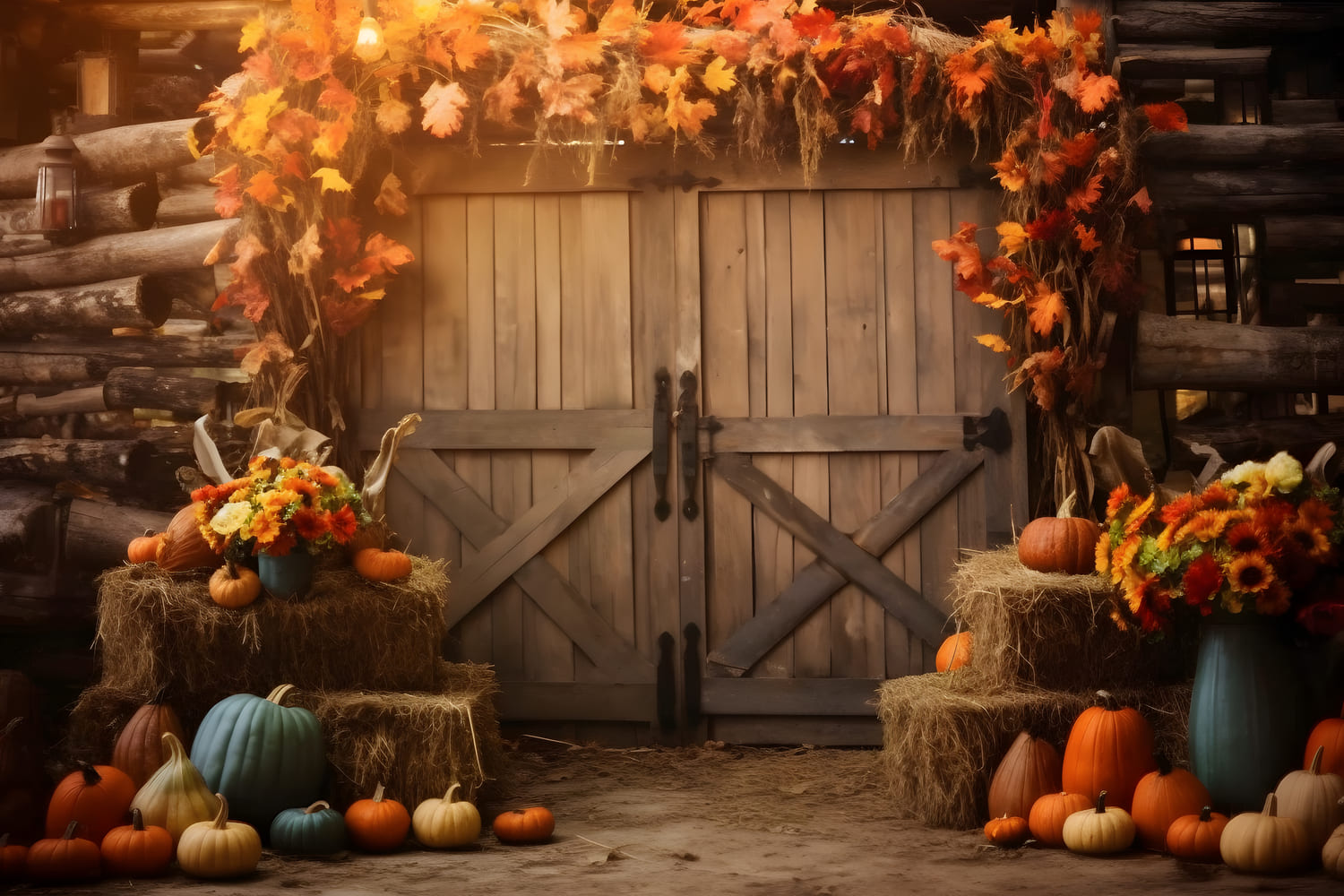 Herbst Scheune Heuhaufen Ahornblätter Hintergrund RR7-141