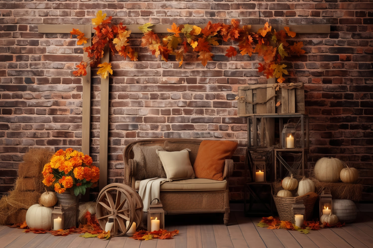 Kürbisse Ahornblätter Wand Herbst Hintergrund RR7-142