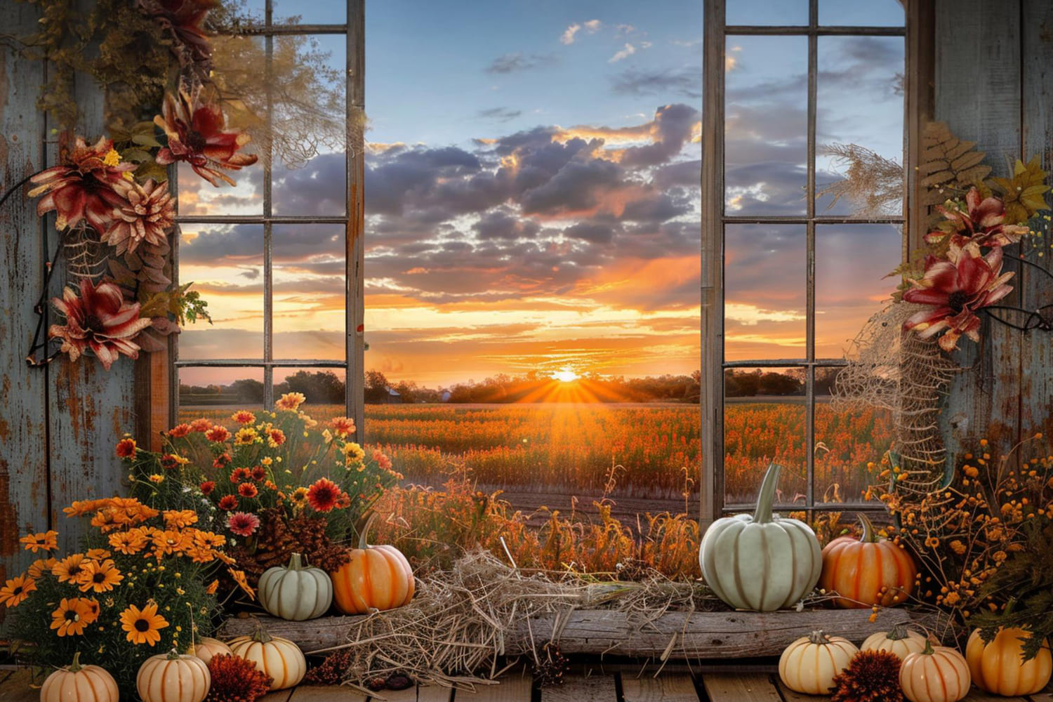 Herbst Kürbisse Sonnenuntergang Fensterlandschaft Hintergrund RR7-151