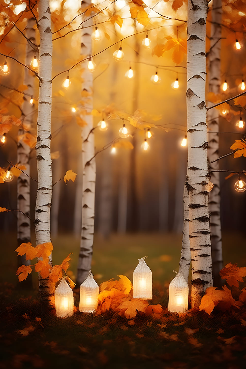 Herbst Birke Wald Lichterkette Hintergrund RR7-165