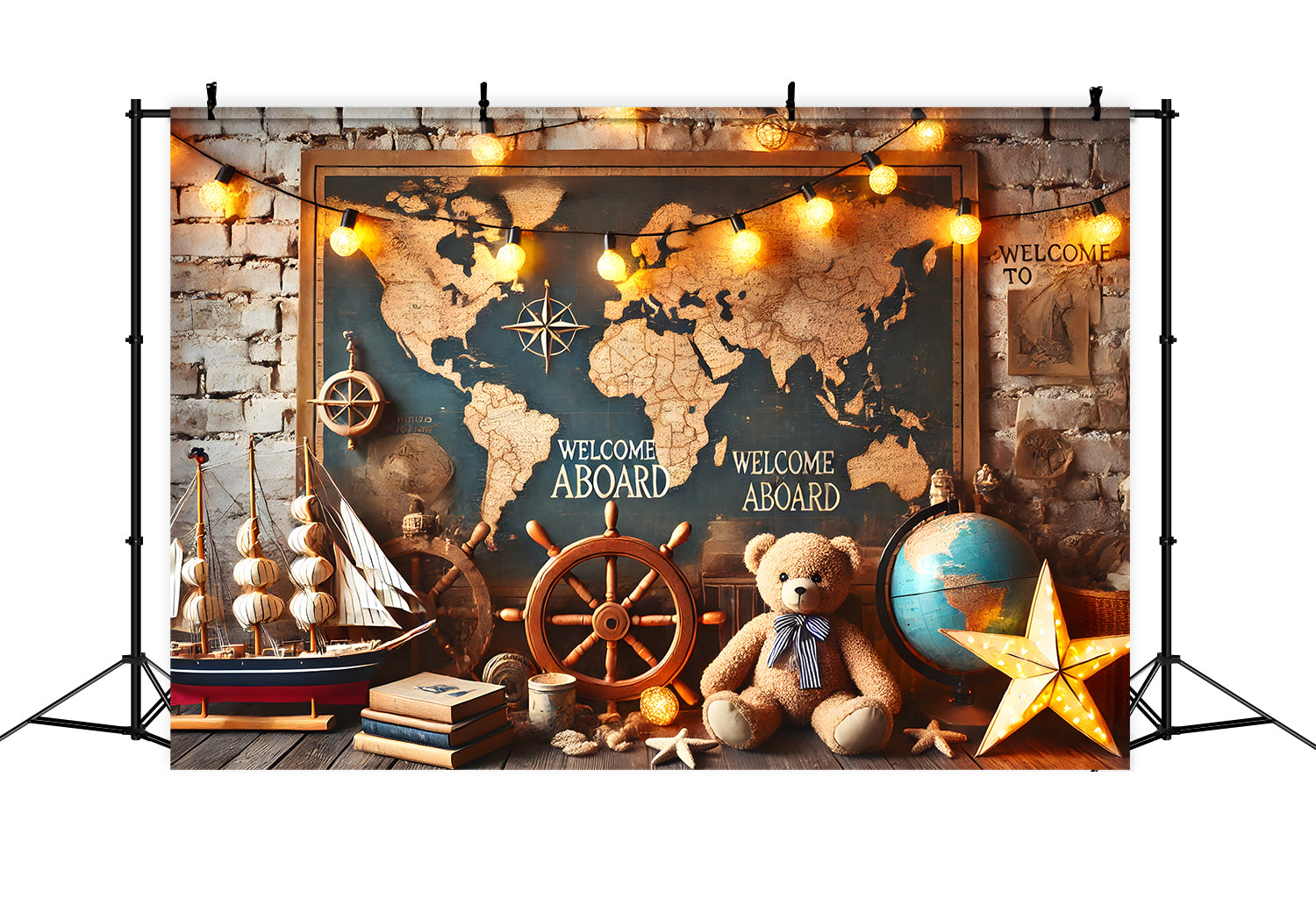 Back to School Weltkarte Segelboot Backdrop RR7-244