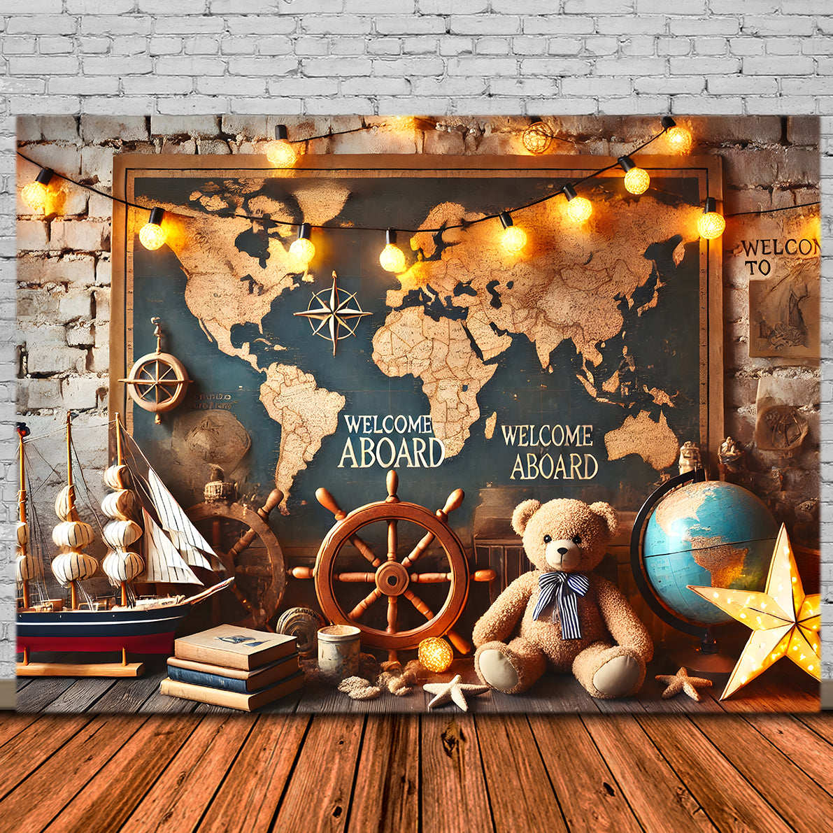 Back to School Weltkarte Segelboot Backdrop RR7-244