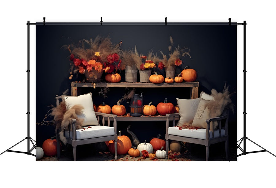 Herbstliches Blumen- und Kürbis-Display Gemütlicher Sitzhintergrund RR7-251