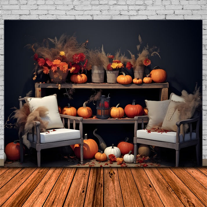 Herbstliches Blumen- und Kürbis-Display Gemütlicher Sitzhintergrund RR7-251
