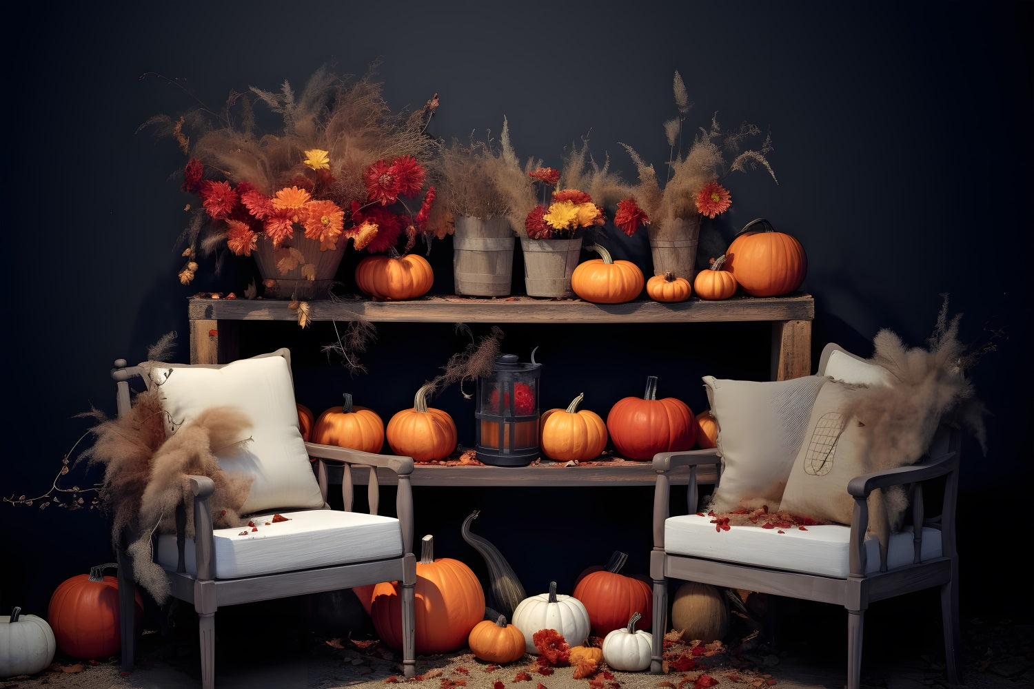Herbstliches Blumen- und Kürbis-Display Gemütlicher Sitzhintergrund RR7-251